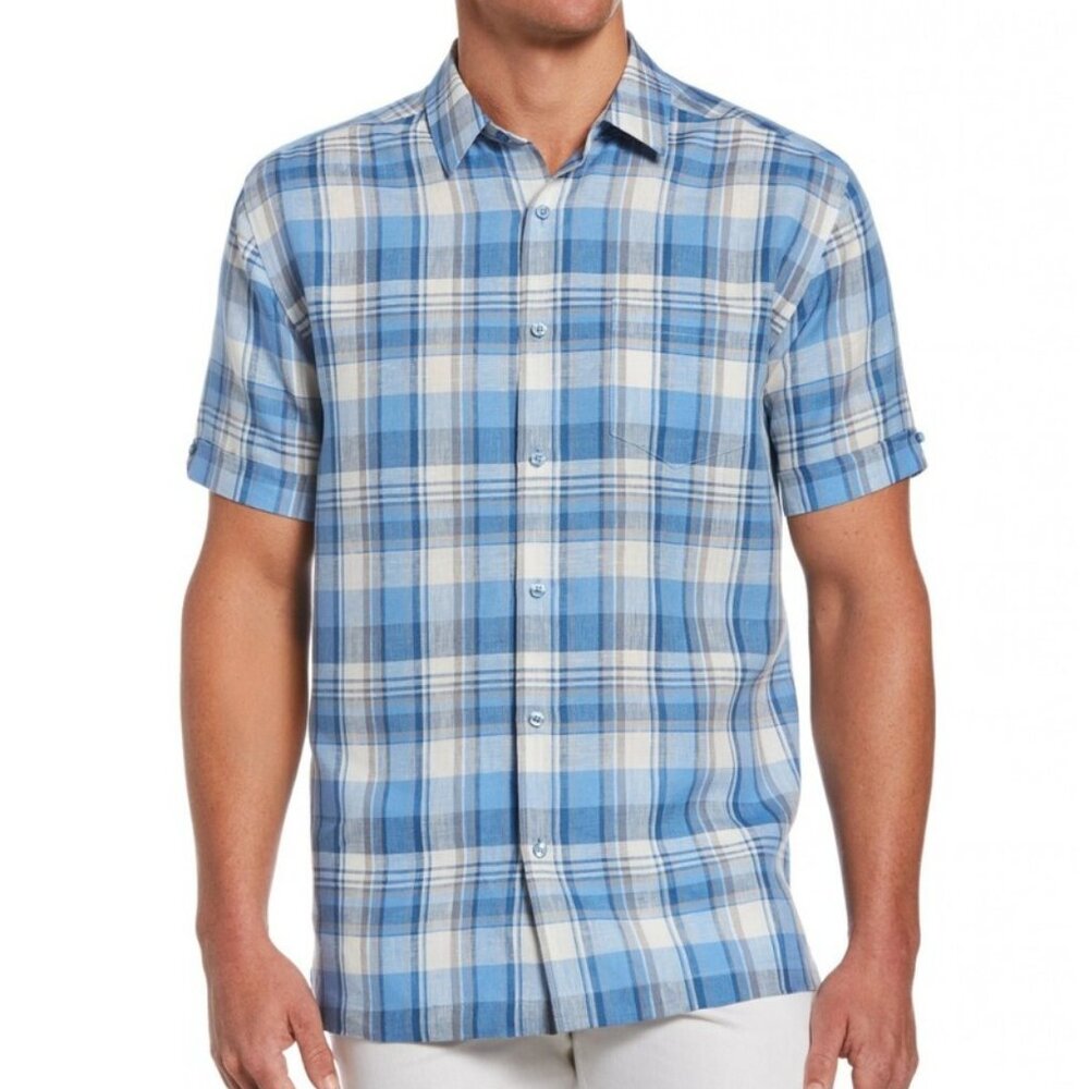 The North Face Blue White Short-Sleeve Plaid Button Front Shirt Men's Sz Large